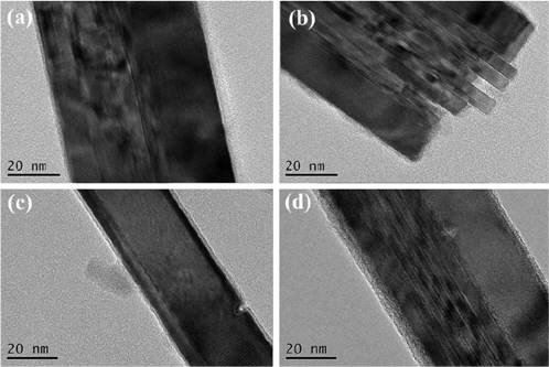 TEM images of rutile TiO2 nanorods with TiCl4 treatment; (a) 0.2 M-1 h, (b) 0.2 M-12 h, (c) 0.4 M-1 h, (d) 0.4 M-12 h.