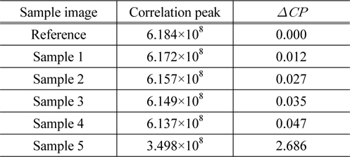 Correlation peaks of the sample images measured by the JTC system