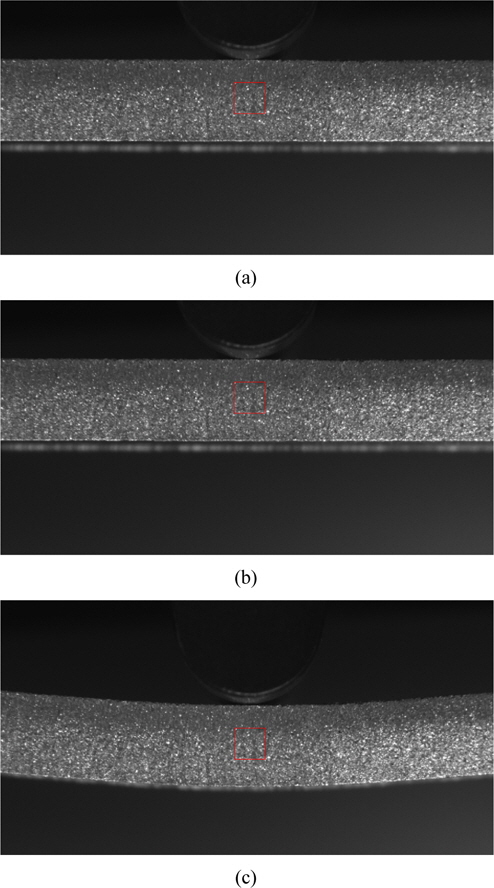 Photograph of the deflection caused by 3-point bending test, (a) 10 kgf, (b) 15kgf (c) 65 kgf.