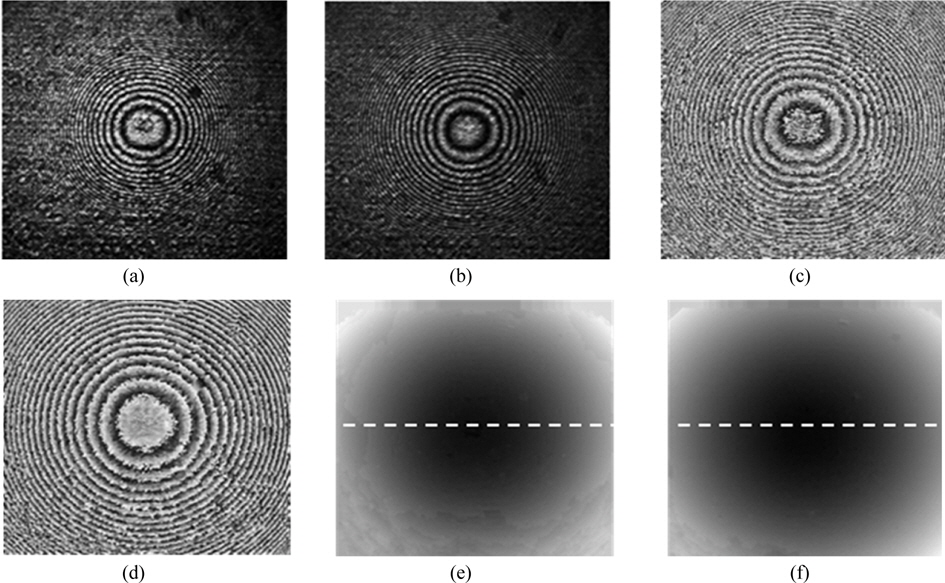 Experimental results from dual-wavelength DHM with liquids. Holograms for wavelengths of (a) 532 nm and (b) 633 nm. Reconstructed quantitative phase image for (c) 532 nm and (d) 633 nm. 3D gray-level images for (e) 532 nm and (f) 633 nm.