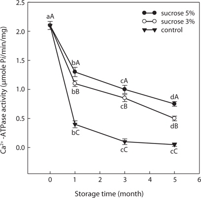 Changes of Ca2+ -ATPase activity of SLS prepared with different levels of sucrose during storage at -30°C.