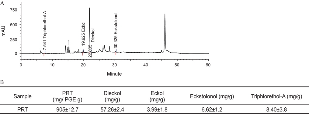 Chromatograms of PRT (A), for phlorotannins analysis at 230 nm and quantification results of dieckol, eckol, eckstolonol, and triphlorethol-A contents (B).