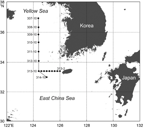Observation stations investigating the bottom temperature in the Yellow Sea and the East China Sea.