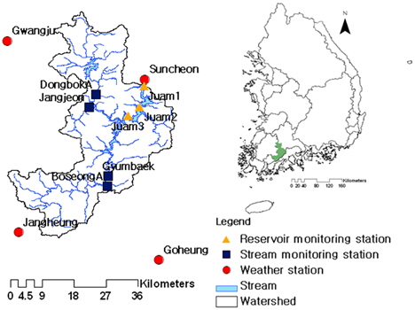 Locations of study watershed and monitoring stations.
