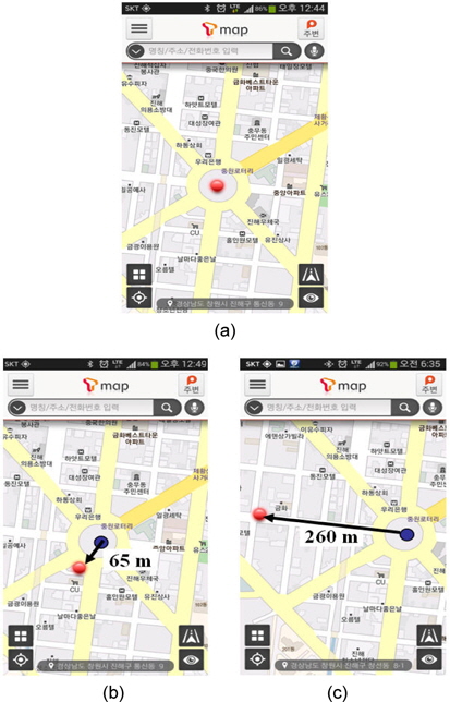 T-MAP을 이용한 위치측정결과(창원시 진해 중원로터리) (a) GPS (b) A-GPS (c) Cell-ID