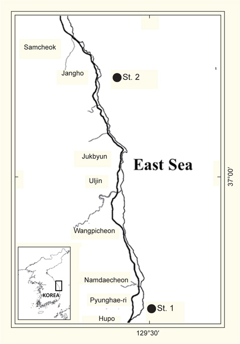 Map showing the sampling areas, Hupo, Gyeong-sang-buk-do (St. 1) and Jangho, Gang-won-do (St. 2) which are located at southern East Sea and middle East Sea, respectively.