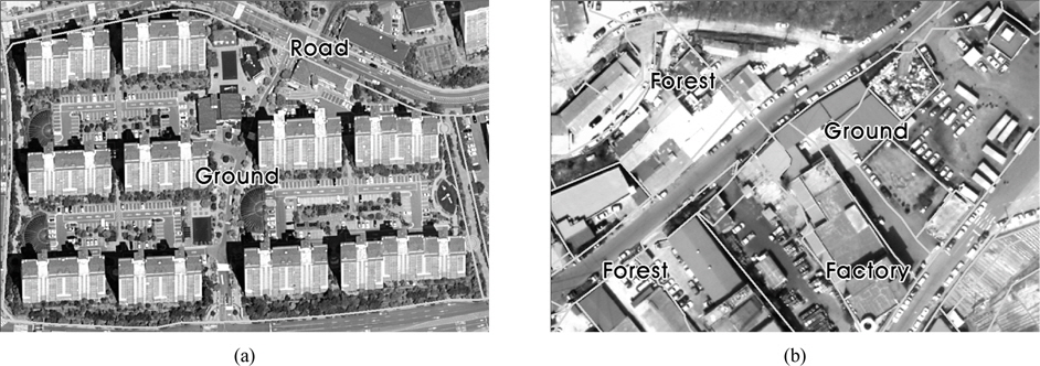 Problems of using cadastral map: wide range of landuse category ‘Ground’ (a), Incorrect use of landuse category - ‘Factory’ is mis-categorized as ‘Forest’ (b).