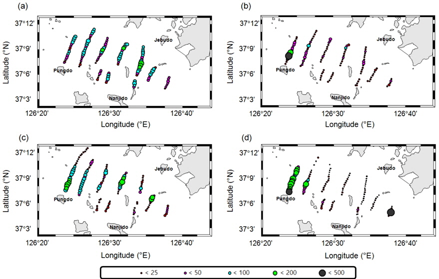 Spatio-temporal distribution of fish aggregations without Engraulis japonicus using nautical area scattering coefficient (NASC, m2/mile2) data with 0.25 n·mile interval in Asan Bay, Korea from July to October, 2012.