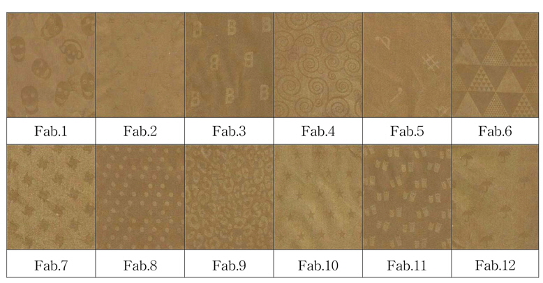 Patterns of jacquard fabric (Fab.1: skeleton, Fab.2: Hangul, Fab.3: alphabet B, Fab.4: lianoid stripe, Fab.5: music, Fab.6: triangle, Fab.7: pinwheel, Fab.8: dot, Fab.9: tiger skin, Fab.10: star, Fab.11: character, Fab.12: umbrella).