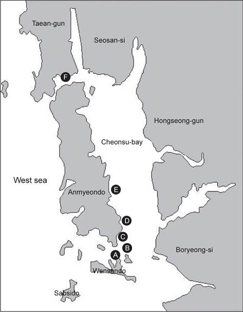 Map of sampling sites in Korea. A, Wonsando; B, Sodo; C, Tangye; D, Gumae; E, Daeyado; F, Dangamri.