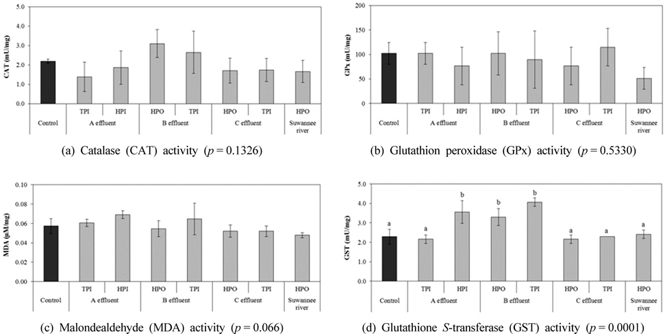 Antioxidant enzyme activity of (a) catalase (CAT), (b) glutathion peroxidase (GPx), (c) malondialdehyde (MDA) and (d) glutathione S-transferase (GST) in Daphnia magna exposed to effluent (A, B, C effluents) and natural (Suwannee river) organic matters (HPO = hydrophobic fraction, TPI = transphilic fraction, HPI = hydrophilic fraction).