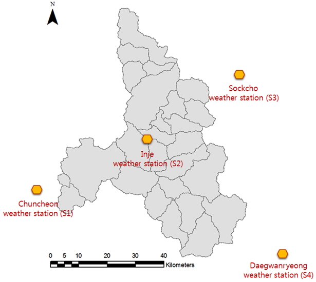 Spatial location of weather stations in the Soyang watershed.