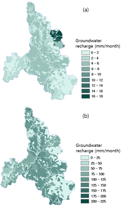 Spatio-temporal distribution of monthly groundwater recharge of HRUs in 2009 (mm/month). (a) January(minimum), (b) July (maximum)