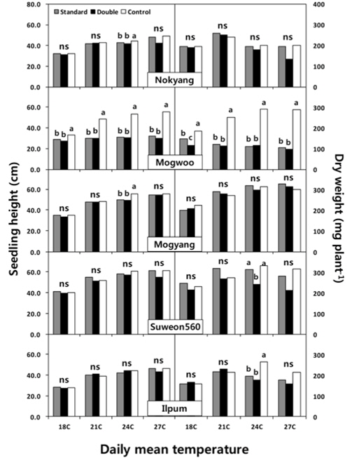 Seedling height (left panels) and dry weight (right panels) at 15 days after transplanting of whole crop rice varieties in benzobicyclon-treated and non-treated soil under different daily mean temperature conditions. Same letters in a temperature regime for each panel are not significant according to LSD (0.05). ns; not significant.