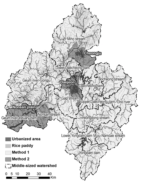 Spatial map showing different methods to extract Dorang (headwater streams) catchments related to land use character