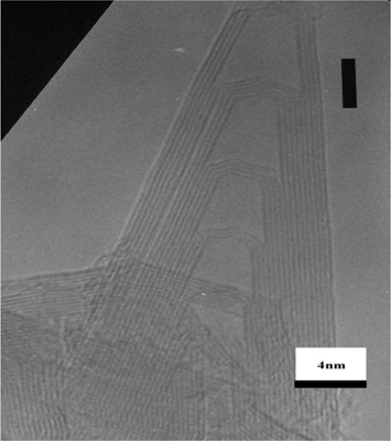 Typical high-resolution transmission electron microscope image of multi-walled carbon nanotube with a cone-like end. Scale bar 4 nm. Reprinted with permission from [51].