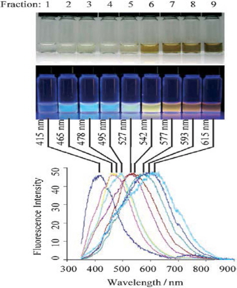 Optical characterization of the purified carbon nanoparticles (CNPs). Optical images illuminated under white (top) and UV light (312 nm; center). Bottom: fluorescence emission spectra (excitation at 315 nm) of the corresponding CNP solutions. The maximum emission wavelengths are indicated above the spectra. Reprinted with permission from [58].