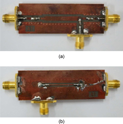 제작된 전력 전송 또는 전력분배가 가능한 가변 전송 선로 모습 (크기: 55×20 mm2) (a) 앞면 (b) 뒷면