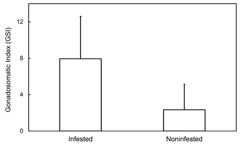 Mean gonadosomatic index (GSI) for infested and noninfested females.
