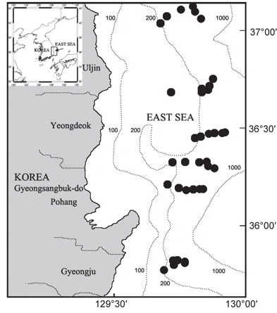Location of the sampling areas (●) in the East Sea.