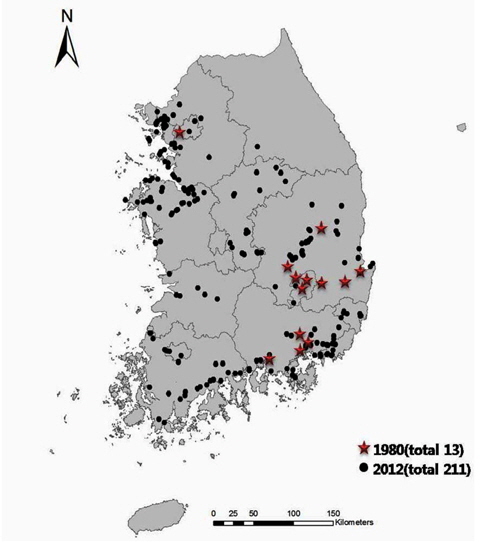 Distribution spread of the Lactuca scariola in 1980(Yim and Jeon) and in 2012.