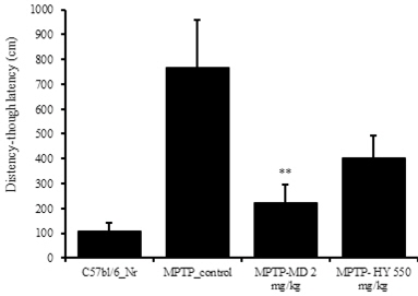 Effects of Hyangsayangwi-tang on the spatial working memory deficits of the distance movement-through type Morris water maze test in the MPTP-induced Parkinson's disease (PD) mouse.