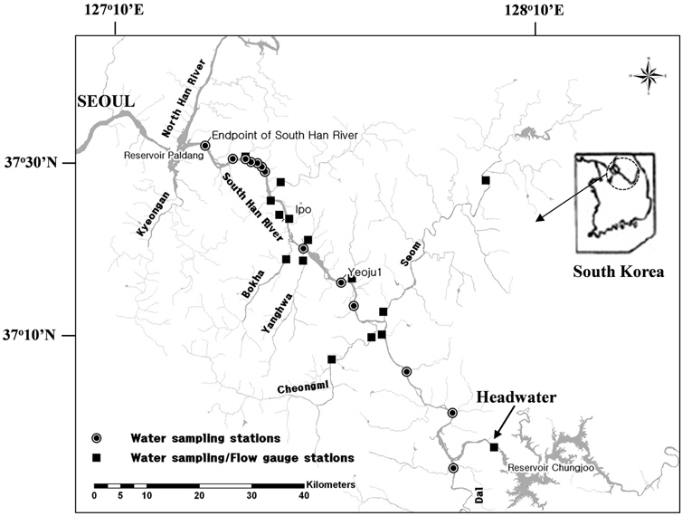 Map showing water sampling stations (⊙) and water sampling/flow gauge stations (■) in the South Han River. (Modified from Kong et al., 2005)
