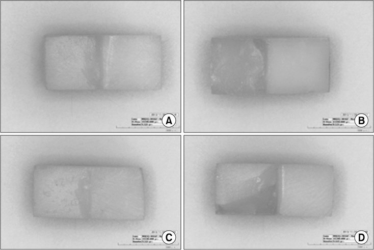 Microscope images showing fractures surfaces of all groups (×20). (A) no etching zirconia (NEZ) group, (B) etching zirconia (EZ) group, (C) aging and no etching zirconia (ANEZ) group, (D) aging and etching zirconia (AEZ) group.