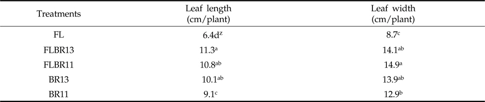 Leaf length and width per plant of Ledebouriella seseloides grown under the plant factory system with different light qualities for 30 days