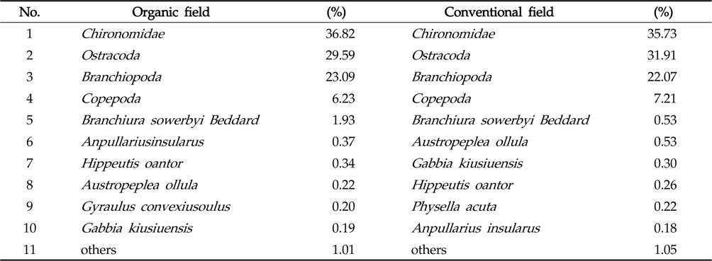 Dominant benthic invertebrate species ranking in abundance in organic and conventional field