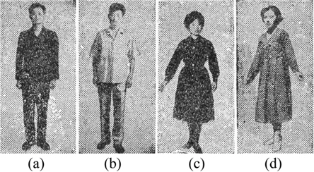 Standard Simplified Clothes[표준 간소복]. (a) man's business uniform (b) man's summer business uniform (c) woman's business uniform (d) woman's modified Hanbok. KyungHyangShinmoon (October 1 1961).