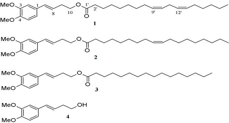 Chemical structures of compounds 1 - 3 and compound D (4).
