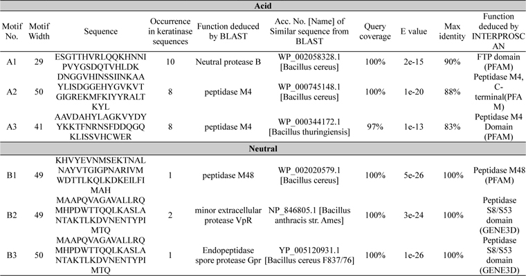 Identified motifs for acid and neutral proteases with their function deduced by protein BLAST and INTERPROSCAN. Accession number, query coverage, e-value and maximum identity of highly similar sequence are represented here