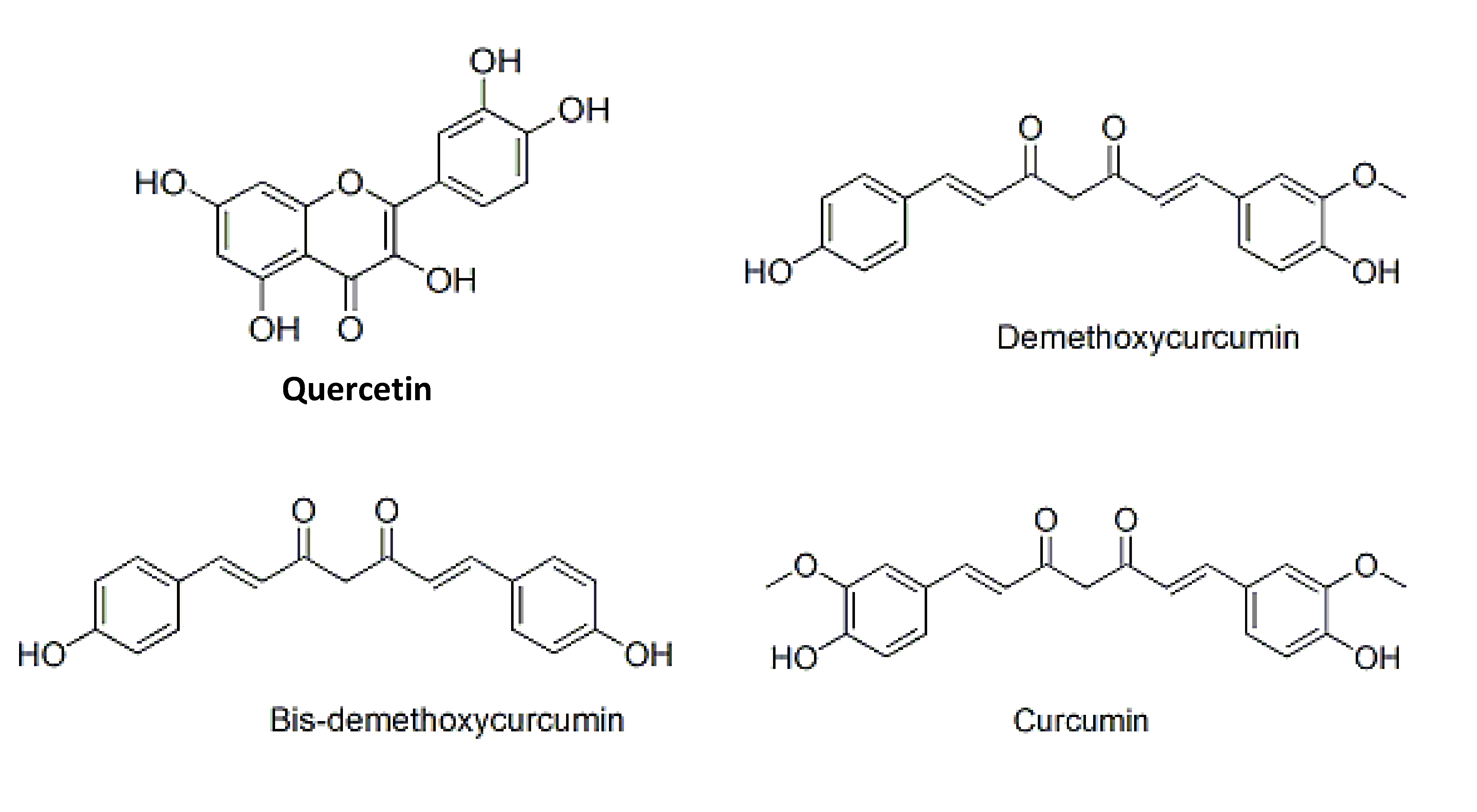 Chemical structures of quercetin, and the curcuminoids: curcumin, demethoxycurcumin and bisdemethoxycurcumin.