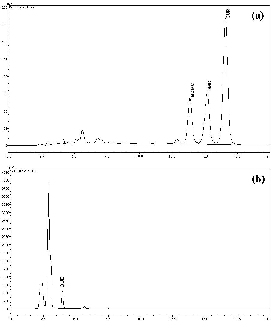 Chromatograms for Chinese medicinal plant extracts (a) containing quercetin and (b) containing curcuminoids. QUE, quercetin; BDMC, bisdemethoxycurcumin; DMC, demethoxycurcumin; CUR, curcumin.