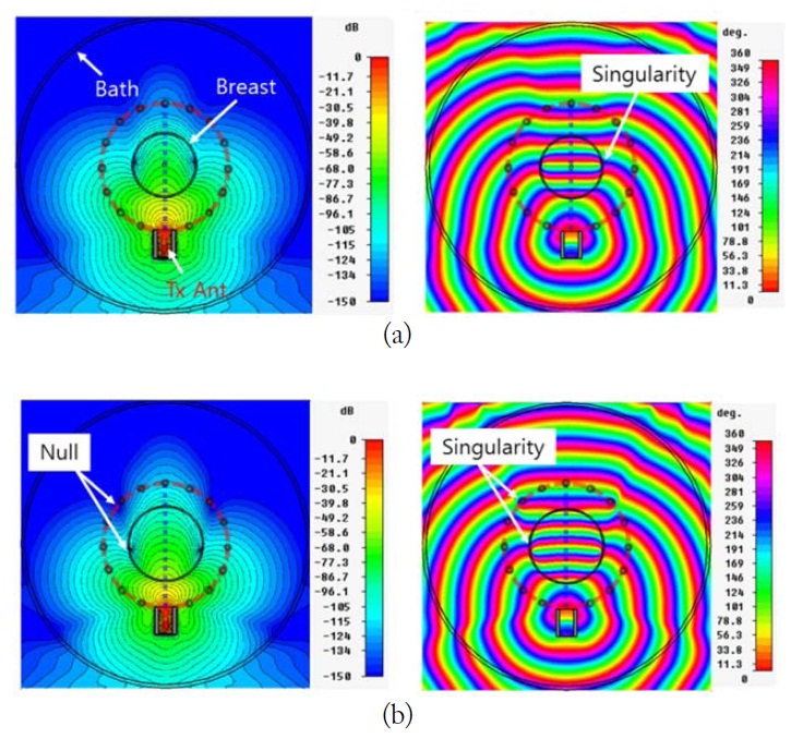 The magnitude (left) and phase (right) distributions of total electric field simulated at 5 GHz. (a) Mostly fatty breast, (b) extremely dense breast.