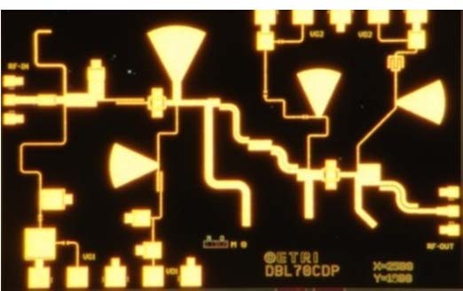 Photo of a fabricated monolithic microwave integrated circuit (MMIC) chip for an E-band doubler (chip size: 2.5 mm × 1.2 mm).
