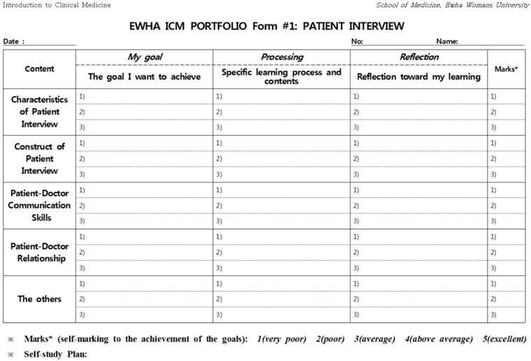sample of the introduction to clinical medicinesemi-structured portfolio form for students.