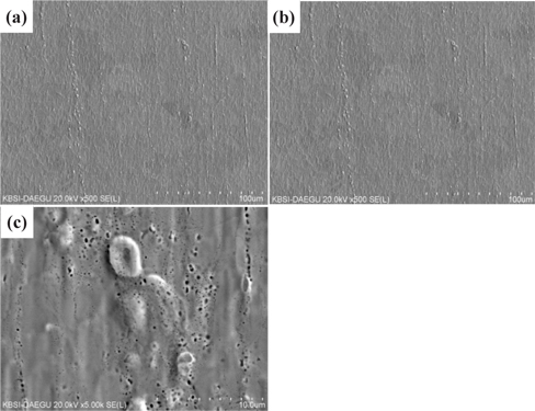 SEM surface micrographs of pure Cu ribbon for solar cell modules currently being used with different sizes of scale bars; (a) 100 μm, (b) 20 μm, and (c) 10 μm.