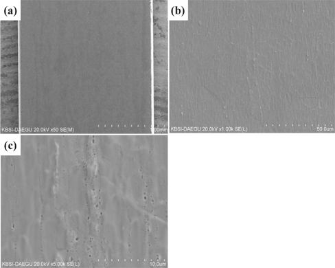 SEM surface micrographs of pure Cu ribbon having enhanced smoothness with different sizes of scale bar; (a) 100 μm, (b) 20 μm, and (c) 10 μm.