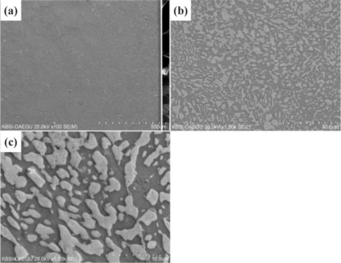 SEM surface micrographs of interconnector ribbon having enhanced smoothness of internal Cu ribbon with different sizes of scale bars; (a) 500 μm, (b) 30 μm, and (c) 10 μm.