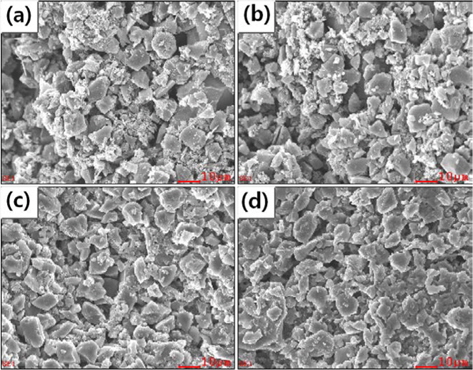 Scanning electron microscopy images of activated carbon electrodes after 500 charge-discharge cycles in different electrolyte solutions: (a) 0.2 M SBP-BF4 in propylene carbonate/dimethyl carbonate (PC/DMC), (b) 0.2 M SBP-BF4 in PC/DMC/10 vol% EMImBF4, (c) 0.2 M SBP-BF4 in PC/DMC/15 vol% EMImBF4, (d) 0.2 M SBP-BF4 in PC/DMC/20 vol% EMImBF4.
