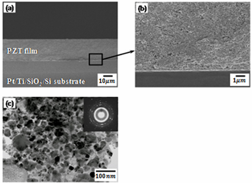 FE-SEM micrographs showing cross-sectional view of as-deposited PZT film on Pt/Ti/SiO2/Si sustrate: (a) low magnification, (b) high magnification image for the selected area and (c) TEM and SAED pattern