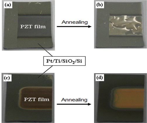 Optical image of PZT film by aerosol deposition: (a) solid phase process before annealing, (b) solid phase process after annealing, (c) solid-gel process before annealing and (d) solid-gel process after annealing.