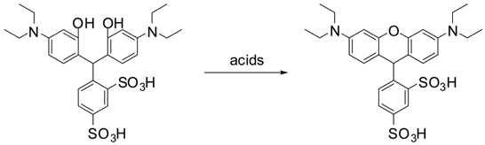Acid-promoted cyclization of diphenol functions to produce the xanthene skeleton.
