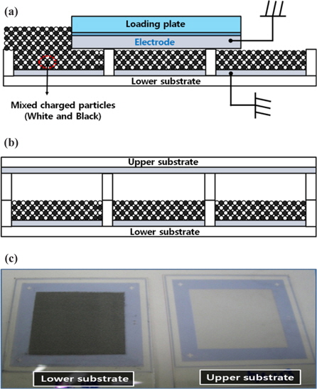 Simple particle-insertion method. (a) The charged particles are inserted into the cells of a lower substrate with the loading plate, (b) alignment and packaging process of the upper and lower substrates, and (c) an empty upper substrate and a lower substrate filled with mixtures of the charged particles using the simple particle-insertion method.