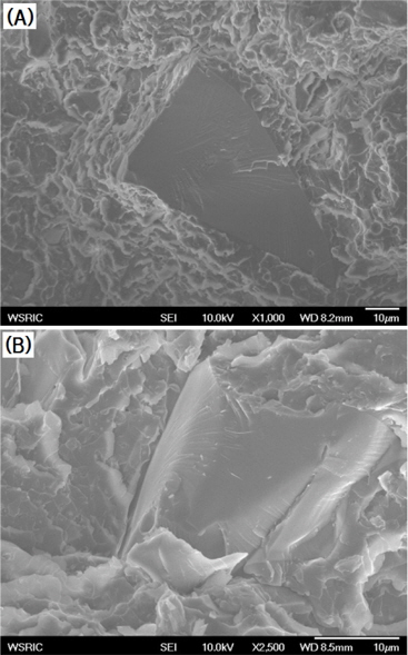 SEM observations of the interface between the epoxy and silica. Silica content: (A) 60 wt% and (B) 63 wt%.