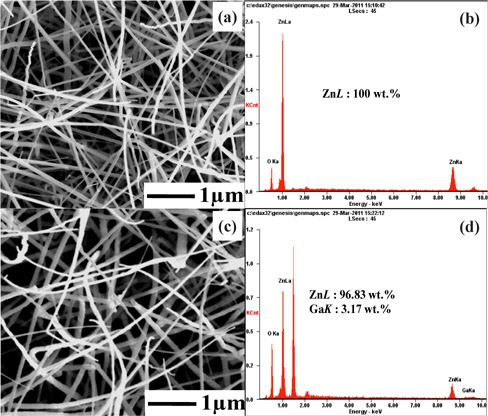 Top view of FE-SEM image and EDX data of (a), (b) ZnO and (c), (d) 3GZO.