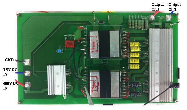 The designed prototype dual-output half-bridge inductor-inductor-capacitor (LLC) resonant converter.