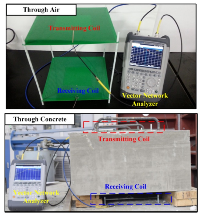 Experimental setups for power transmission efficiency (PTE) measurement using magnetic resonance-based wireless power transmission through air and concrete structures. The distance between two coils is set to be equal for both experiments at 330 mm, and the PTE is measured using a vector network analyzer.